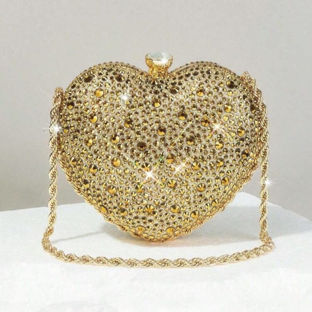 Gold Heart Crystal Evening Bag - Sparkling Women's Clutch